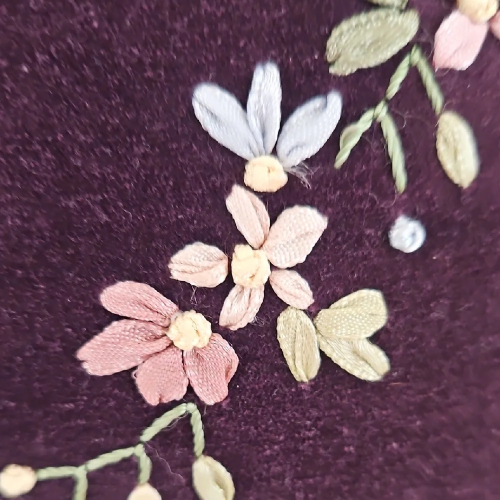 Embroidered Satin Ribbon Floral Heart Purple Velveteen Accent Pillow